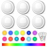 semsmoks Battery Operated LED Push Lights with Wireless Remote, 13 Color RGB - for Closet, Bedroom Wall, Under Kitchen Cabinet, Battery Powered Puck Lights. Convenient 3M Stick On, 6 Pack