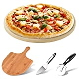 AUGOSTA Round Pizza Stone for Oven and Grill, Free Pizza Peel Paddle, Pizza Cutter Wheel and Pizza Server, Durable and Safe Baking Stone for Grill, Thermal Shock Resistant Cooking Stone, 13 Inch