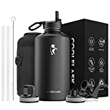 Gallon Water Bottle 128 oz with Straw&Brush, Coolflask Vaccum Insulated Large Stainless Steel Metal Reusable 3 Lids Big Water Jug Wide Mouth for Sports, Gym, Fitness or Office, Sweat-Proof Leak-Proof BPA-Free Keep Cold Up to 48 Hrs or Hot Up to 24 Hrs, Magic Black