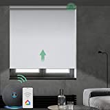 Yoolax Motorized Blackout Roller Shade Fabric Material Smart Blind Work with Alexa Cordless Remote Control Room Darkening Privacy Window Blind with Valance Customized (Greyish White)