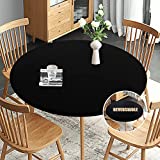 Obstal Fitted Round Table Cloth, Reversible Waterproof Stain Resistant Elastic Stretch Tablecloth, Wipe Clean Table Cover for Outdoor/Indoor Use, Fits Round Tables up to 40' - 44' Diameter, Black