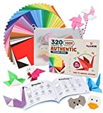 320 Sheets of 100% Pure Wood Pulp Traditional Origami Paper, 32 Vibrant Colors, 10 Sheets Each Single Sided Color, 5.9in X 5.9in KAMI Paper, Visual Instruction Book of Designs, Storage Bag by KyomiUSA