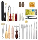 Leather Crafting Tools and Supplies: 26 Pieces Leather Working Tools Set with Groover Awl Waxed Thread Thimble Kit for Stitching Punching Cutting Sewing Leather Craft Making