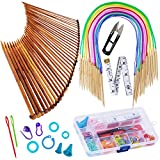 Bamboo Knitting Needles Set,18 Pairs 18 Sizes Wooden Circular Knitting Needles with Colored Tube & 36pcs 18 Sizes Single Pointed Bamboo Knitting Needles 2.0 mm-10.0 mm + Weaving Tools Kits
