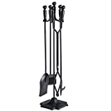 Syntrific 5 Pieces 32inch Fireplace Tool Set Black Cast Iron Fire Place Tool Set with Log Holder Fire Pit Stand Rustic Tongs Shovel Antique Broom Chimney Poker Wood Stove Hearth Accessories Set