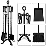 Amagabeli 5 Pieces Fireplace Tools Set Indoor Wrought Iron Fire Set Fire Place Pit Large Poker Wood Stove Log Firewood Tongs Holder Tools Kit Sets with Handles Modern Black Outdoor Accessories Kit