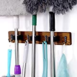 Mop and Broom Holder Wall Mount, Rustic Solid Wood Holder Garden and Kitchen Garage Tool Organizer Wall Hanger for Home Goods (3 Positions with 4 Hooks)