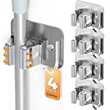 4 Pack Mop and Broom Holder Wall Mount, Heavy Duty Stainless Steel Broom Organizer with Hooks, Screw Drilling&Self-Adhesive