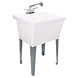 White Utility Sink Laundry Tub With Pull Out Chrome Faucet, Sprayer Spout, Heavy Duty Slop Sinks For Washing Room, Basement, Garage or Shop, Large Free Standing Wash Station Tubs and Drainage (White)