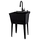 Black Utility Sink with High Arc Black Faucet by VETTA by JS Jackson Supplies, Pull Down Sprayer Spout, Heavy Duty Slop Sink for Washing Room, Basement, Shop, Free Standing Laundry Tub Deep Plastic