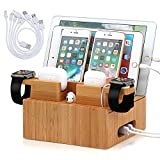 Bamboo Charging Station Organizer for Multiple Devices, Desktop Docking Station Compatible with Phone, Tablet, Earbuds, Smartwatch, (Included 2 Watch & Earbuds Stand, 5 Cables, NO Charger HUB)