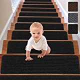 RIOLAND Stair Treads Carpet Non-Slip Indoor Stair Runners for Wooden Steps, Stair Rugs for Kids and Dogs, Set of 15, 8' X 30', Black