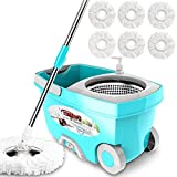 Tsmine Spin Mop Bucket System Stainless Steel Deluxe 360 Spinning Mop Bucket Floor Cleaning System with 6 Microfiber Replacement Head Refills,61'Extended Handle, 2x Wheel for Home Cleaning - MINT