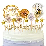 BEAN LIEVE Birthday Candles Set - Cake Topper Decoration with Cake Candles Confetti Balloon Stars and Fan Cupcake Toppers 12 Pieces Birthday Cake Decor for Birthday Party Celebration (Gold)