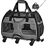 Katziela Pet Carrier with Removable Wheels - Soft Sided, Airline Approved Small Dog and Cat Carrying Bag with Telescopic Walking Handle, Mesh Ventilation Windows and Safety Leash Hook (Black) (Grey)