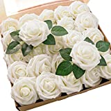 Floroom Artificial Flowers 25pcs Real Looking Ivory Foam Fake Roses with Stems for DIY Wedding Bouquets White Bridal Shower Centerpieces Arrangements Party Tables Decorations