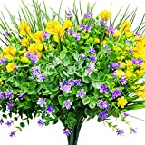 CEWOR 9pcs Artificial Flowers Outdoor UV Resistant Outdoors Fake Plants Faux Plastic Flower in Bulk for Hanging Planters Outside Porch Vase Home Window Decoration（Yellow, Purple, Green）