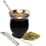 UPGRADED Yerba Mate Natural Gourd/Tea Cup Set (Original Traditional Mate Cup - 8 Ounces) | Includes 2 Bombillas (Yerba Mate Straws to Use) & Cleaning Brush | Stainless Steel | Double-Walled