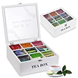 Tea Box Tea Bag Organizer Wooden Tea Bag Holder Modern Tea Caddy Chest with 9 Compartments and Glass Cover for Home Use Christmas Gift