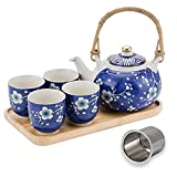 Taimei Teatime Japanese Style Blue Ceramic Tea Set with Bamboo Tea Tray, 25 oz Teapot Set with Infuser and 4 Tea Cup Set with Handpainted Plum Blossom Pattern, Tea Teapot Gift Set for Women, Adults