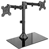 VIVO Freestanding Black Dual Monitor Stand with Sleek Glass Base and Adjustable Arms, Mounts 2 Screens up to 27 inch and 22 lbs Each, STAND-V002FG
