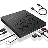 UNHDY External DVD Drive, USB 3.0 CD DVD Burner for Laptop, Type-C CD/DVD ROM +/-RW Optical Disk Drive with 4 USB Ports and 2 SD Card Slots, Ultra Slim, for Mac, PC Windows 10/8/7 Linux OS