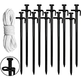 Eurmax USA 10PC Pack 12 inch Multiuse Heavy Duty Steel Tent Stakes Tarp Pegs Camping Stakes for Outdoor Camping Canopy and tarp with 4 Ropes 10FT Length(Black)