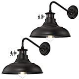 Dusk to Dawn Motion Activated Sensor Gooseneck Outdoor Wall Light Fixture, Industrial Outdoor Barn Light Matte Black Exterior Wall Sconce for Garage Porch Front Door, 2 Pack(Bulbs Included)