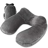 UROPHYLLA Inflatable Neck Pillow for Travel, 100% Soft Velvet Pillows for Airplanes, Train, Car, Office with Compact Bag, Breathable Washable Cover, Suit for Adults Sleeping / Kids Reading - Grey