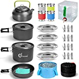 Odoland 29pcs Camping Cookware Mess Kit, Non-Stick Lightweight Pots Pan Kettle, Collapsible Water Container and Bucket, Stainless Steel Cups Plates Forks Knives Spoons for Outdoor Backpacking Picnic