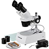 AmScope SE306R-PZ-LED Forward-Mounted Binocular Stereo Microscope, WF10x and WF20x Eyepieces, 20X/40X/80X Magnification, 2X and 4X Objectives, Upper and Lower LED Lighting, Reversible Black/White Stage Plate, Pillar Stand, 120V or Battery-Powered