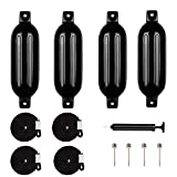 LIBMALL Inflatable Twin Eye Ribbed Boat Buoy Bumpers Marine Fenders with Ropes for Docking 6.5 x 23 Inch Black 4 Pack