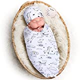 Baby Swaddle Blanket Hat Set for 0-3-6 Months Boy Girl, Elstey Stretchy Newborn Receiving Blanket, Nursery Swaddling Blankets for Infant, Soft Swaddles Wrap for Babies, Photography Props Gift (Animal)