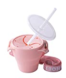 HOFISH Collapsible Silicone Snack Container for Toddlers | Spill Proof Snack Cups for Kids with Lid Removable Strings and Straw-Pink