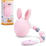 Bunny Eggy Teething Toy, Multifunction Teether Toothbrush Rattle Gum Massager Infants Sensory Toy with Silicone Bead Clip and Carry Box, 100% Food-Grade Silicone, Safe for Baby Boys and Girls (Pink)