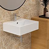 Wall Mounted Sink Rectangle - Sarlai 21 Inch Wall Mount Modern Bathroom Corner Sink Rectangular Floating White Porcelain Ceramic Vessel Vanity Art Basin with Faucet Hole and Overflow