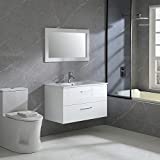 WONLINE 36' Wall Mounted Bathroom Vanity Set Two Drawers Storage Cabinet with Ceramic Vessel Sink and Mirror Combo Chrome Faucet White