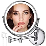 Rechargeable Wall Mounted Lighted Makeup Mirror Chrome, 8 Inch Double-Sided LED Vanity Mirror 1X/10X Magnification,3 Color Lights Touch Screen Dimmable 360°Swivel 13 Inch Extendable Bathroom Mirror