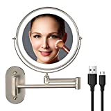 Rechargeable Wall Mounted Lighted Makeup Vanity Mirror 8 Inch Double Sided 1X 10X Magnifying Bathroom Mirror, 3 Color Lighting, Touch Screen Dimming, Extended Arm 360 Rotation Shaving Light up Mirror