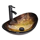 Boat Shape Bathroom Artistic Glass Vessel Sink Free Oil Rubbed Bronze Faucet and Pop-up Drain,Gold ingot