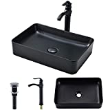 black Bathroom Vessel Sink and Faucet Combo -VOKIM 20'x14' Modern Rectangle Above Counter black Porcelain Ceramic Vessel Vanity Sink Art Basin& Oil Rubbed Bronze Faucet Combo