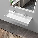 Weibath 47 Inch Wall-Mount Double Sink Stone Resin Trough Bathroom Sink with 2 Faucet Holes (Glossy White)