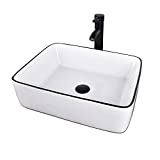 White Ceramic Bathroom Sink, Above Counter Porcelain Vessel Sink with Black Faucet and Pop up drain Combo, Rectangle