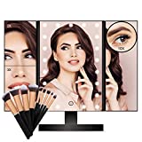 FASCINATE Lighted Makeup Mirror, Trifold Vanity Mirror with 21 LED Lights and 2X/3X Magnification, Touch Screen Dimming, Dual Power, 90° Rotation Light Up Face Mirror(Black+Brush)