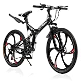 Outroad 26 Inch Folding Mountain Bike, 21 Speed Full Suspension High-Carbon Steel MTB Foldable Bicycle, Dual Disc Brake Non-Slip Folding Bikes for Adults/Men/Women, Black