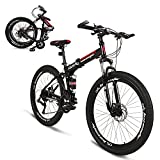 hosote 26 Inch Folding Full Suspension Mountain Bike, 21 Speed High-Tensile Carbon Steel Frame MTB, Dual Disc Brake Bicycle for Men and Women
