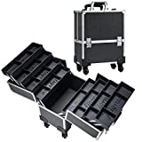 Joligrace Rolling Makeup Case with Wheels Professional Cosmetology Large Train Case Wheeled Cosmetic Trunk with 8 Divided Trays for Makeup Artist, Hair Stylish or Home Use - Black