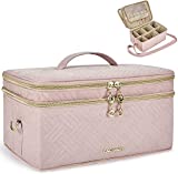 Large Makeup Bag, BAGSMART Double Layer Cosmetic Makeup Organizer Travel Makeup Train Case with Shoulder Strap for Cosmetics Makeup Brushes Toiletries Travel Accessories (Large Pink)