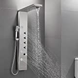 ROVATE Rainfall Waterfall Shower Head Shower Panel System, Stainless Steel Bathroom Shower Panel Tower with 5 Body Sprays and 3 Sets Handheld Shower, Shower Column Wall Mount, Delicate Brushed Finish