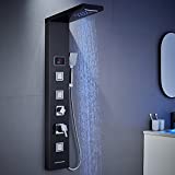 ROVOGO Shower Panel Tower System with LED Lights - No Battery Needed, Shower Column with Rainfall Waterfall Shower, Body Jets, Handheld Shower and Tub Spout, Black